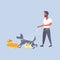 Casual man dog walker guy walking with many dogs owner with pets different breeds male cartoon character full length