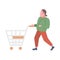 Casual man pushing empty trolley cart guy customer shopping concept male cartoon character full length flat isolated