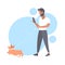 Casual man walking with dog bearded guy using smartphone male person having fun with his animal pet best friend concept