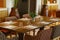 Casual restaurant dining table set up, with dark brown color theam