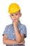 Casual thinking guy - caucasian male model. Half-length emotional portrait of boy wearing blue shirt and builder helmet.