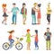 Casual urban young people skater bicycle student flat vector