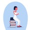 Casual woman sitting book stack holding coffee cup break concept student education process cartoon character flat
