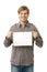 Casual young man holding blank sheet