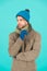 Casually handsome. Man handsome unshaven guy wear winter accessories on blue background. Winter season sale. Hipster