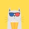 Cat in 3d glasses with box, bowl of popcorn isolated on background. Cute animal character. Movies, cinema theater, film concept.