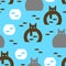 Cat and aquarium pattern seamless. Cat watching fish in aquarium background. Baby fabric texture