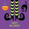 Cat arch back. Cauldron green potion. Witch legs with striped socks and shoes. Happy Halloween. Greeting card. Flat design. Violet