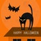Cat arch back. Kitty on roof. Yellow eyes, fangs, curl whisker. Flying bats. Happy Halloween card. Moon, house, windows.