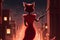 Cat as beautiful femme fatale, wearing a slinky red dress and holding a pistol, standing in front of a dramatic cityscape cartoon