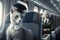 Cat As flight attendant wearing hostess uniform inside plane cabin flying around the world illustration generative ai