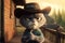 Cat as grizzled old cowboy wearing a Stetson hat, sitting on a porch with his trusty revolver by his side, cartoon style