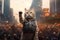 Cat as leader of new york city usa revolutionary movement to restore balance between humans and cats illustration generative ai