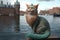 Cat as the little mermaid in Copenaghen Statue famous sculpture illustration generative ai
