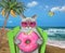 Cat ashen on beach chair eat donut by sea