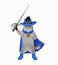 Cat ashen in blue cloak and hat with sword
