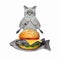 Cat ashen eats fish burger on plate