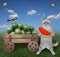 Cat ashen near cart with watermelons in field