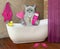 Cat ashen with pink hairbrush takes bath