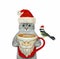 Cat ashen in Santa hat drinks coffee