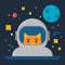 Cat astronaut in space vector illustration, solar system universe, moon, starts flat cartoon design