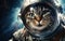 Cat astronaut in a spacesuit in outer space, travel in the universe concept