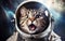 Cat astronaut in a spacesuit in outer space travels across the expanses of the universe