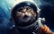 Cat astronaut in a spacesuit in outer space travels across the expanses of the universe