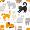 Cat background, seamless pattern. Vector flat illustration. Kitty, Pets.