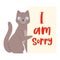 Cat banner sorry vector kitten character peeking behind cardboard kitty holding copy space message poster illustration