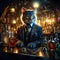 Cat Bartender serving a glass of an alcohol drick at the bar counter. Amazing digital illustration. CG Artwork