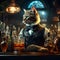 Cat Bartender serving a glass of an alcohol drink at the bar counter. Amazing digital illustration. CG Artwork