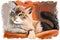 Cat in basket, digital art grown up animal in wicker basket, new year greeting card. Kitten portrait siberian or european short