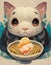 cat with big eyes, kawaii cat food illustration, ai generated image