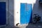 Cat, blue door and a bicycle