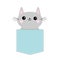 Cat in blue pocket. Cute cartoon character. Gray kitten Smiling kitty. Dash line. Pet animal collection. T-shirt baby design. Whit