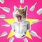 Cat and body of statue collage, pop art concept design. Minimal party background