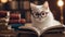 cat with book A comical kitten with oversized glasses, sitting atop a pile of classic novels, pretending to read