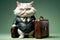 Cat boss in a formal business suit with a briefcase, isolated on a green background