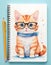 Cat with bow tie and glasses sitting on notebook beside pencil