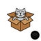 Cat from the box logo. Cute cartoon cat illustration come out from the cardboard cube box.