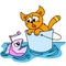 A cat on a bucket washed away and met a fish, doodle icon image kawaii