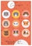 Cat cafe faces or heads poster illustration. Cartoon animal happy muzzles. Cat cafe advertisement banner, flyer