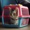 A cat in a carrier at a reception at a veterinary clinic, at a train station or at the airport with a person. The