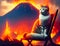 Cat on Chair near Volcano, Generative AI Illustration