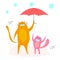 Cat character cover kitten in medical mask with umbrella protect from cvirus cells falling down from sky