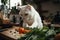 cat chef chopping vegetables and herbs, preparing delicious meal