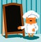 Cat chef in retro cartoon style shows a wooden menu board