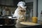 cat chef with whisk in hand, whipping up fluffy omelette behind the scenes of busy kitchen