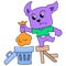 Cat in a clean manner throws the trash in the trash can, doodle icon image kawaii